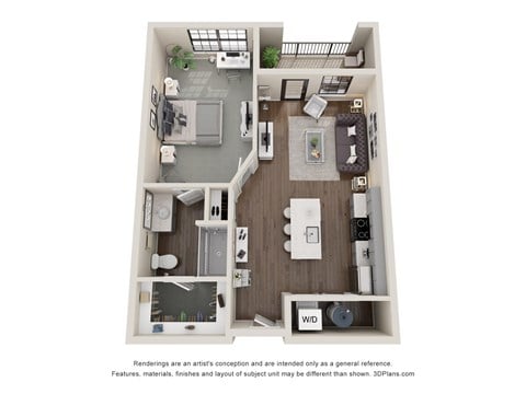 Floor plan for 1 bed, 1 bath, 761 sqft